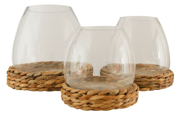 Skleněný svícen/ váza Avril s pleteným podnosem z vodního hyacintu - Ø 26*23cm - Mars & More