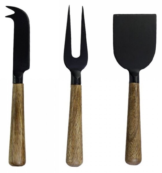 3ks černá sada na sýry s dřevěnou rukojetí Cheese - 17cm - Chic Antique