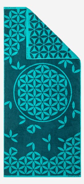 Spirit of OM osuška z bio bavlny s květem života, smaragdově zelená, 69x155 cm