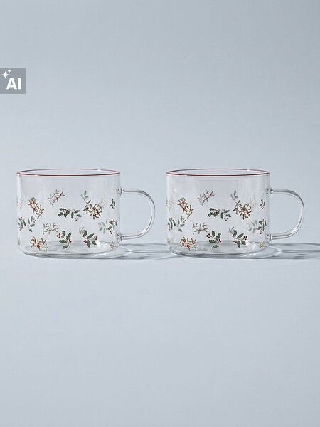 Sinsay - Vánoční skleněné hrnky s potiskem cesmíny a větviček 2 pack - clear
