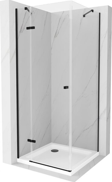 Mexen Roma, sprchový kout s 1-křídlými dveřmi 70 (dveře) x 80 (stěna) cm, 6mm čiré sklo, černý profil, slim sprchová vanička 5cm bílá s černým sifonem, 854-070-080-70-00-4010B