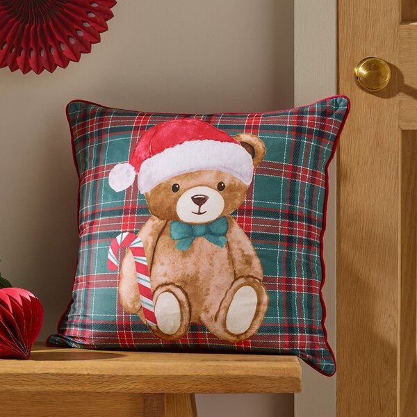 Dekorační polštář s vánočním motivem 45x45 cm Christmas Tartan Teddy Bear – Catherine Lansfield