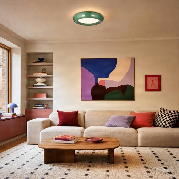 Lindby LED stropní svítidlo Lennox, zelené, 3stupňové stmívatelné, Ø 43 cm, stmívatelný, Zelená, Obývací pokoj / jídelna, kov, Moderní