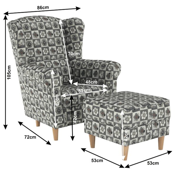 Křeslo ušák s taburetem Aevo patchwork N1