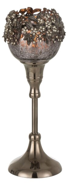 Skleněný kouřový svicen na nožičce se zdobením a kamínky Luxy - Ø 9*24cm - J-Line by Jolipa