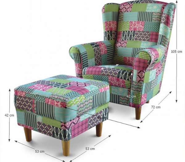 Křeslo ušák s taburetem Aevo patchwork M1