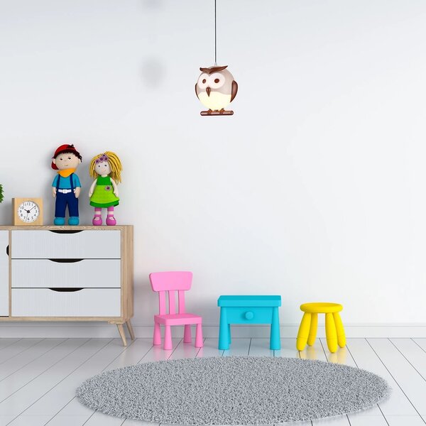 Dětské závěsné svítidlo Owl, 1x hnědé plastové stínítko, br
