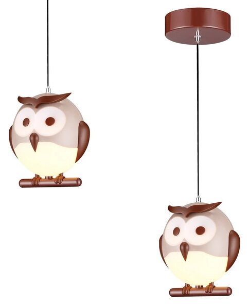 Dětské závěsné svítidlo Owl, 1x hnědé plastové stínítko, br