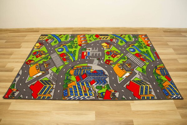 Kobercový ráj Dětský kusový koberec Clever Town Město Uličky šedý zelený Rozměr: 100x150 cm