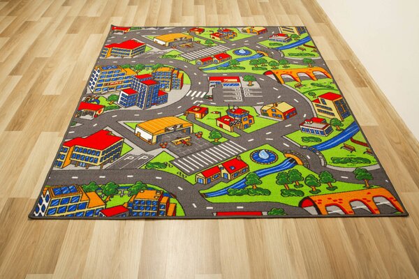 Kobercový ráj Dětský kusový koberec Clever Town Město Uličky šedý zelený Rozměr: 100x150 cm