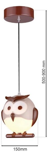 Dětské závěsné svítidlo Owl, 1x hnědé plastové stínítko, br