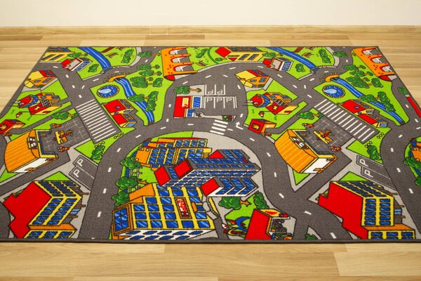 Kobercový ráj Dětský kusový koberec Clever Town Město Uličky šedý zelený Rozměr: 100x150 cm