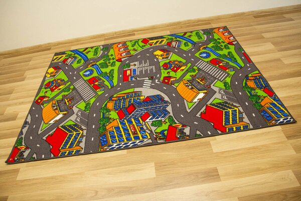 Kobercový ráj Dětský kusový koberec Clever Town Město Uličky šedý zelený Rozměr: 100x150 cm