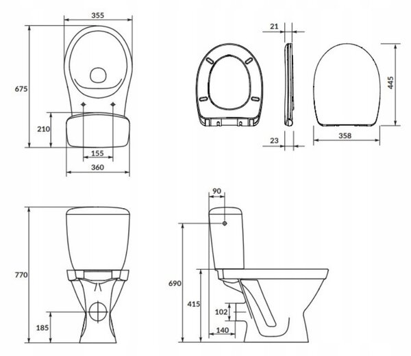 Cersanit Cersania SimpleOn 010 - WC kombi 3/6l + sedátko s pomalým zavíráním z duroplastu, horizontální odpad, bílá, K11-2337