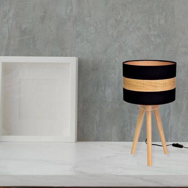 Stolní lampa Terra, 1x dřevěné/černé textilní stínítko, dřevo