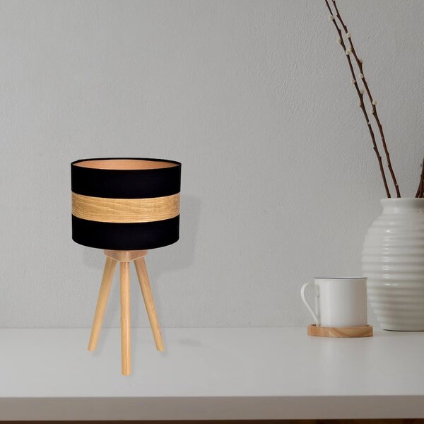 Stolní lampa Terra, 1x dřevěné/černé textilní stínítko, dřevo