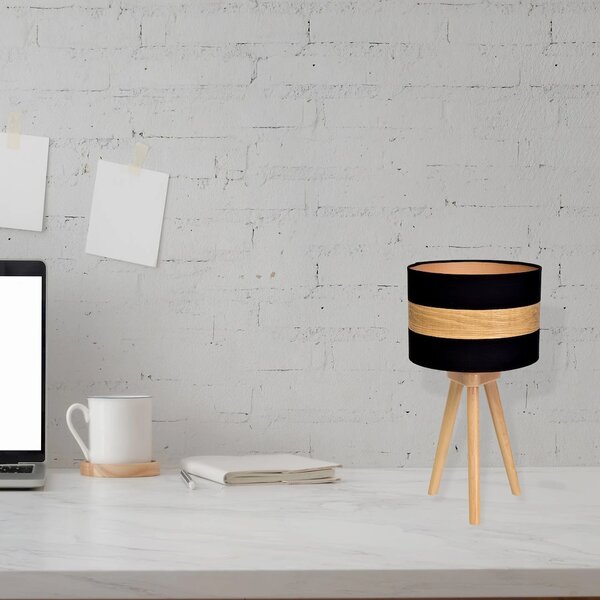 Stolní lampa Terra, 1x dřevěné/černé textilní stínítko, dřevo
