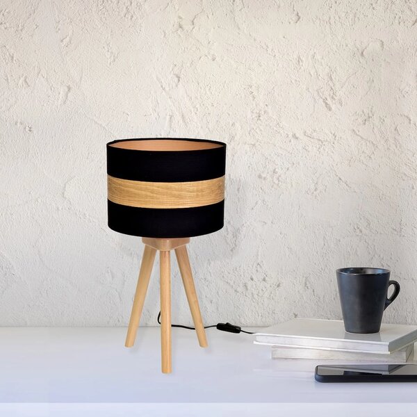 Stolní lampa Terra, 1x dřevěné/černé textilní stínítko, dřevo
