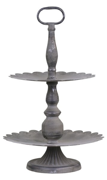 Šedý antik kovový 2-patrový etažér Lace edge - Ø 27*42 cm - Chic Antique