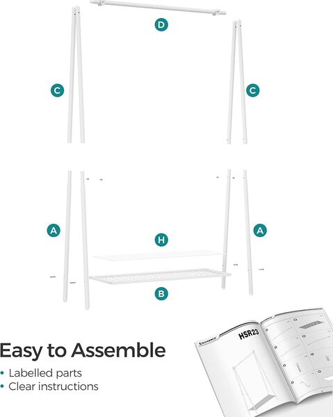 SONGMICS Věšák na oděvy s drátěnou policí 92 x 153 cm bílá