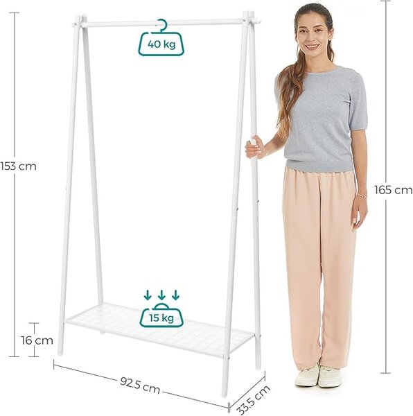 SONGMICS Věšák na oděvy s drátěnou policí 92 x 153 cm bílá
