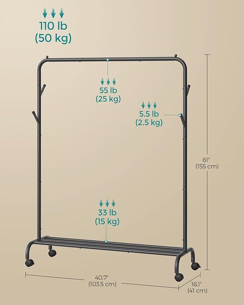 SONGMICS Pojízdný stojan na oděvy s policí a háčky 104 x 155 cm černá