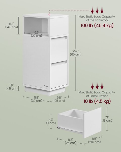 VASAGLE Noční stolek s přihrádkou a zásuvkami 25 x 65 x 30 cm bílá