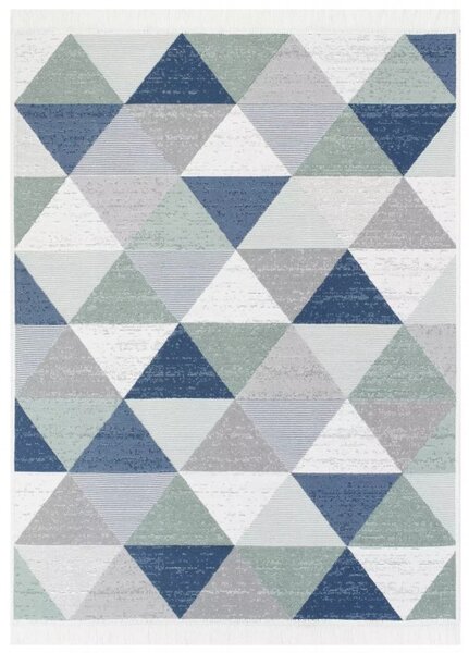 Makro Abra Kusový koberec bavlněný oboustranný AZTECA 2709 geometrický modrý zelený šedý s třásněmi Rozměr: 60x110 cm