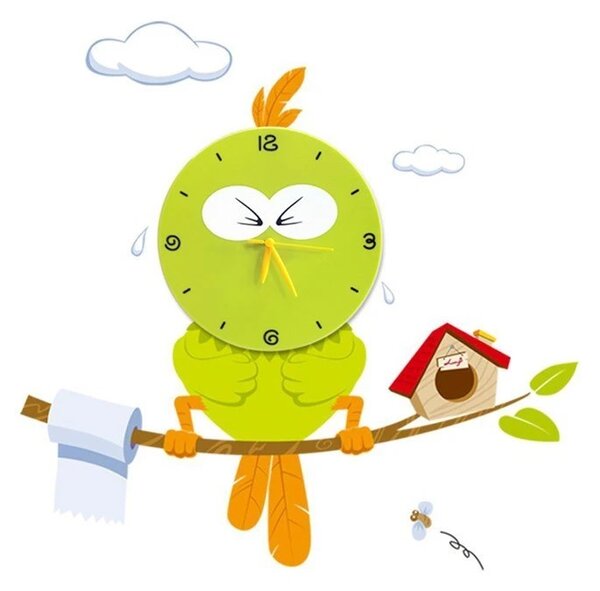 Dětské nástěnné svítidlo s hodinami Bird Clock, 1x zelené plastové stínítko