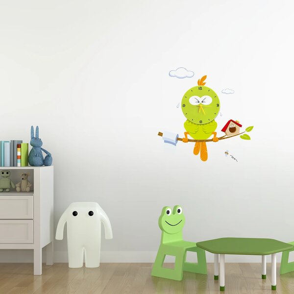 Dětské nástěnné svítidlo s hodinami Bird Clock, 1x zelené plastové stínítko