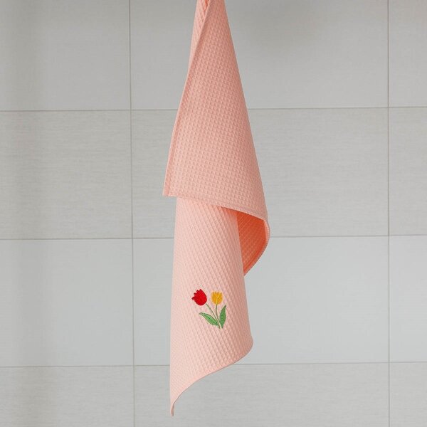 Vaflová utěrka Veba RUMBA lososová s výšivkou Tulipány Velikost: 46x70 cm
