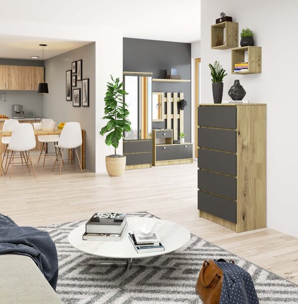 Ak furniture Komoda Kuba 60 cm - 5 šuplíků dub artisan/grafitová