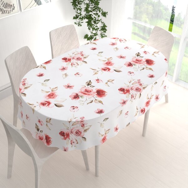 Biante Teflonový oválný ubrus TF-023 Červené růže na bílém 50x100 cm