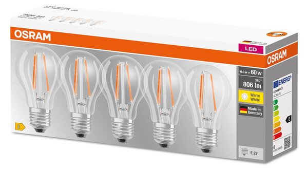 5 ks průhledná LED žárovka E27 6,5 W CLASSIC teplá bílá