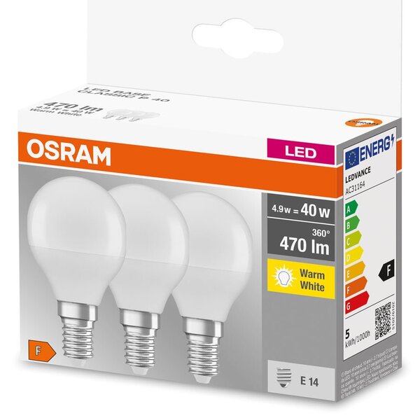 3 ks matná LED žárovka E14 4,9 W BASE teplá bílá