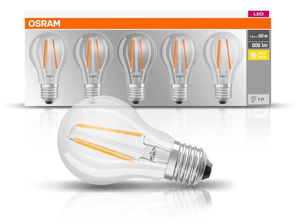 5 ks průhledná LED žárovka E27 6,5 W CLASSIC teplá bílá