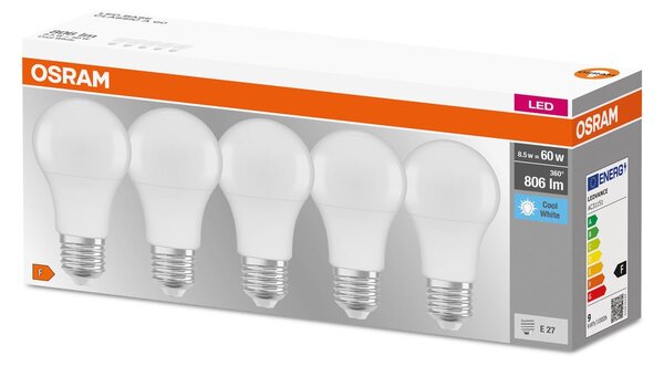 5 ks matná LED žárovka E27 8,5 W BASE CLASSIC studená bílá