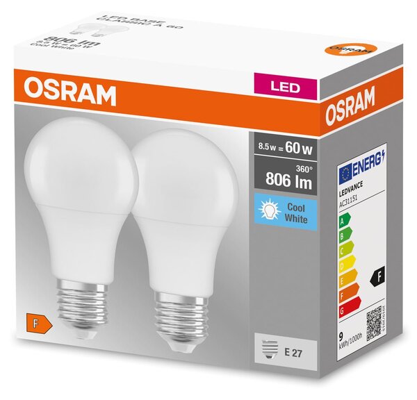 2 ks matná LED žárovka E27 8,5 W BASE CLASSIC studená bílá