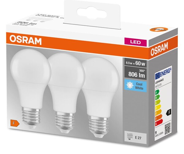 3 ks matná LED žárovka E27 8,5 W BASE CLASSIC studená bílá