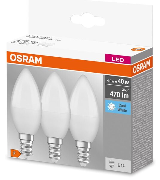3ks klasická LED žárovka svíčka BASE CLAS E14 4.9W, studená bílá