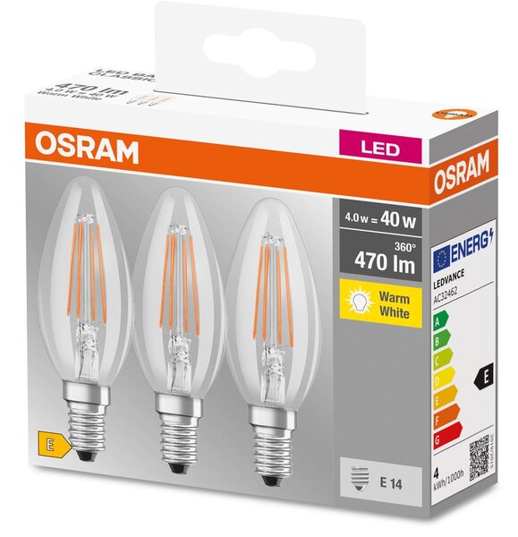 3ks průhledná LED žárovka svíčka E14 4W BASE teplá bílá