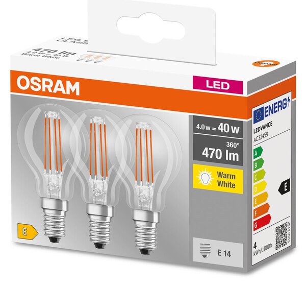 3ks průhledná LED žárovka E14 4 W BASE teplá bílá