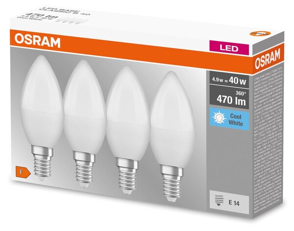 4 ks matná LED žárovka svíčka E14 4,9 W BASE studená bílá