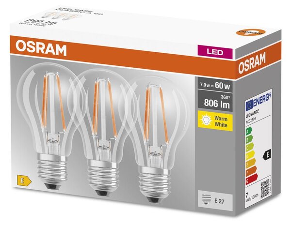 3 ks průhledná LED žárovka E27 4W BASE teplá bílá