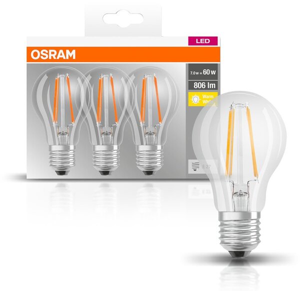 3 ks průhledná LED žárovka E27 4W BASE teplá bílá