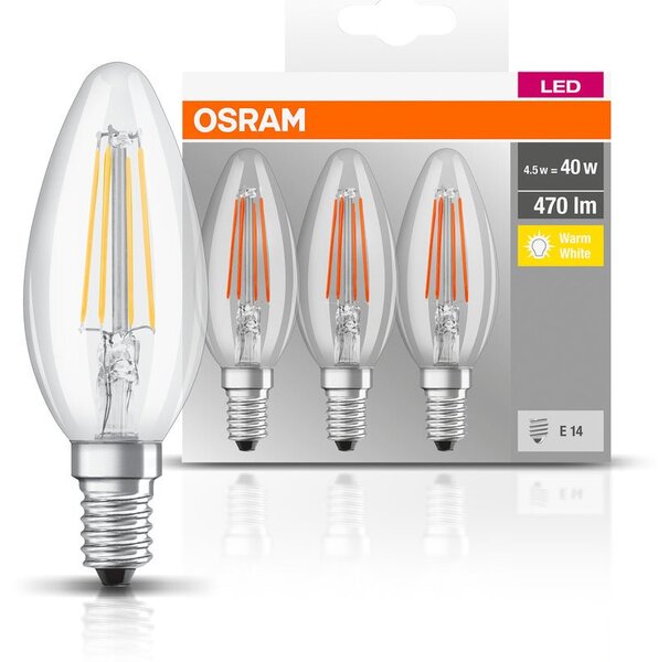 3ks průhledná LED žárovka svíčka E14 4W BASE teplá bílá