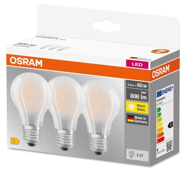 3ks matná LED žárovka E27 6 W BASE CLASSIC teplá bílá