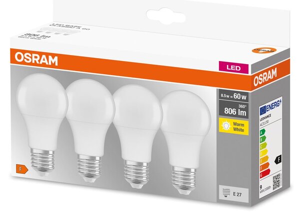 4 ks matná LED žárovka E27 8,5 W BASE CLASSIC teplá bílá