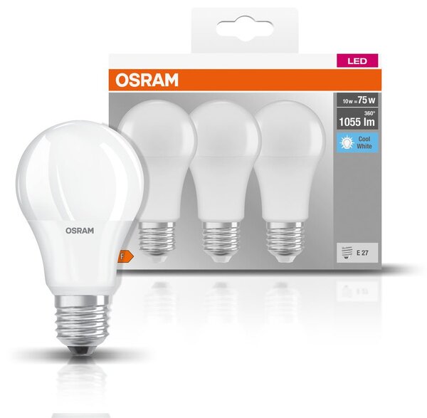 3 ks matná LED žárovka E27 10 W BASE studená bílá