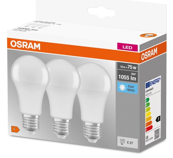 3 ks matná LED žárovka E27 10 W BASE studená bílá